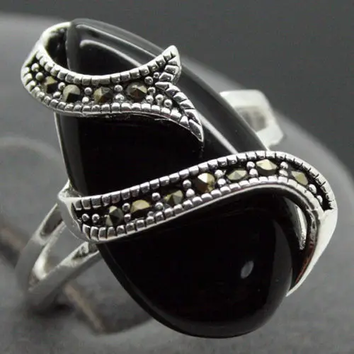

Hot sale new Style >>>>HANDMADE 925 STERLING SILVER NATURAL BLACK AGATE MARCASITE RING SIZE 7/8/9