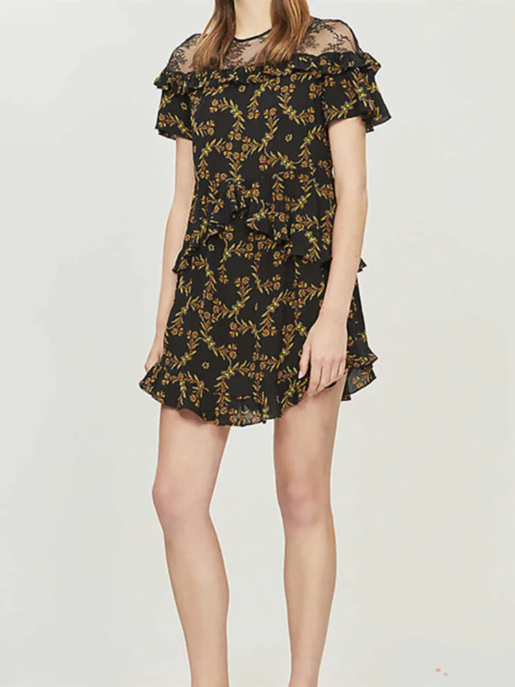 

Women Dress Short Style Ruffle Lace Print New 2019 Summer Short Sleeve Robe Femme