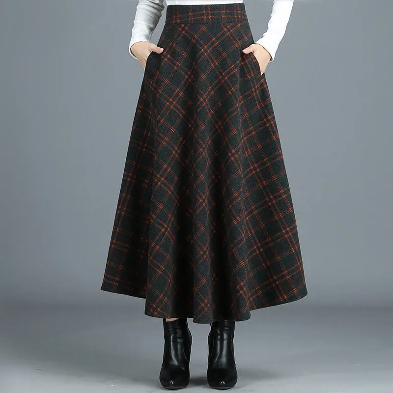 S-4XL New Women's Wool Blends Skirts Winter Autumn Fashion Elegant Printed Plaid Thicken Slim Medium Length Skirt Female