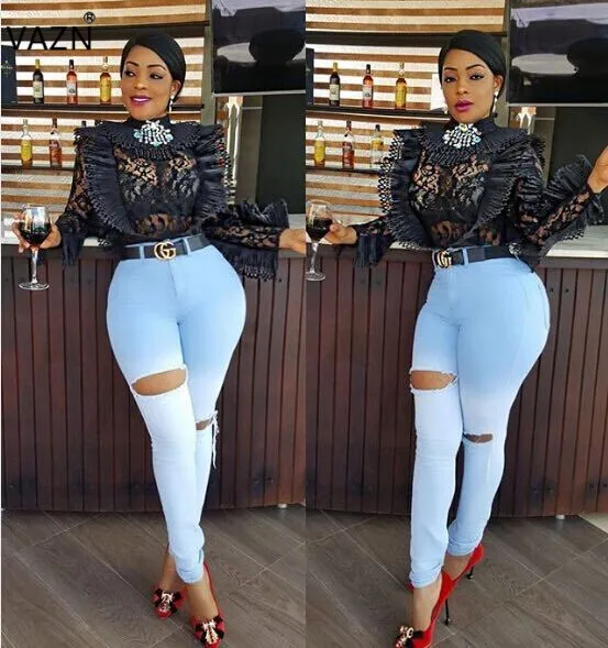 

VAZN 2019 Spring Hot Sexy Women Solid Black Less Slim Tops O-Neck Full Sleeve Tops Elegant Lady See Through Ruffles Tops MT9119