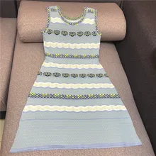 Роскошное дизайнерское Брендовое трикотажное платье для женщин, винтажное мини-платье трапециевидной формы с круглым вырезом и волнистыми полосками