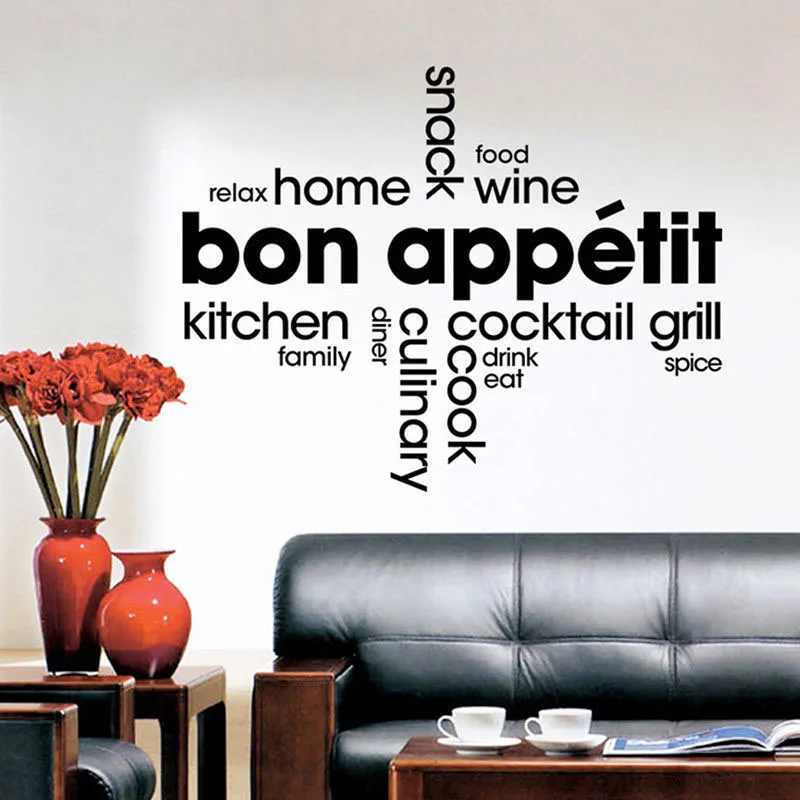 Bon Appetit Wall Stickers Quotes Waterproof Kitchen Wall Tile Stickers Vinyl Art Words Murals ...