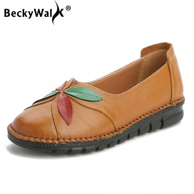 

BeckyWalk Women Loafers Round Toe Casual Shoes Women Slip On Vintage Genuine Leather Ballet Flats zapatos de mujer WSH2971