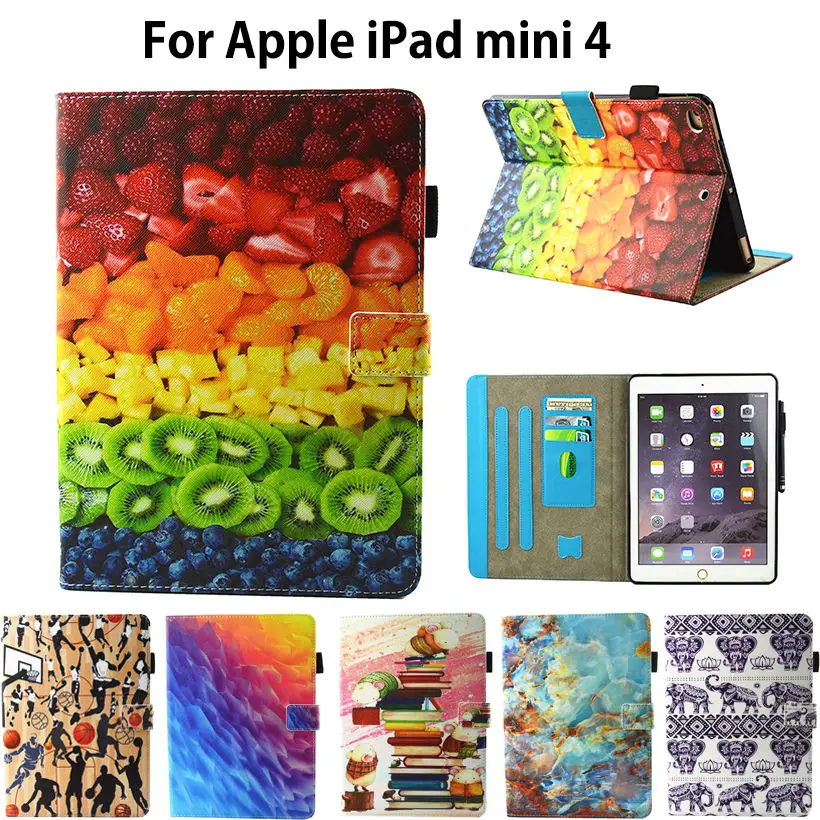 

Fashion Cartoon Pattern Flip Cover For Apple iPad Mini 4 mini4 Case Covers Funda Tablet Soft TPU Silicone PU Leather Stand Shell