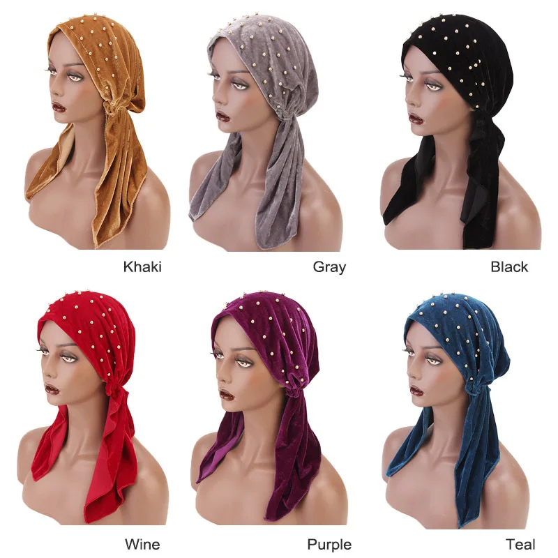 

Muslim Women Bead Velvet Turban Hat Cancer Chemo Beanies Caps Pre-Tied Scarf Headwear Wrap Plated Hijab Bonnet Hair Accessories