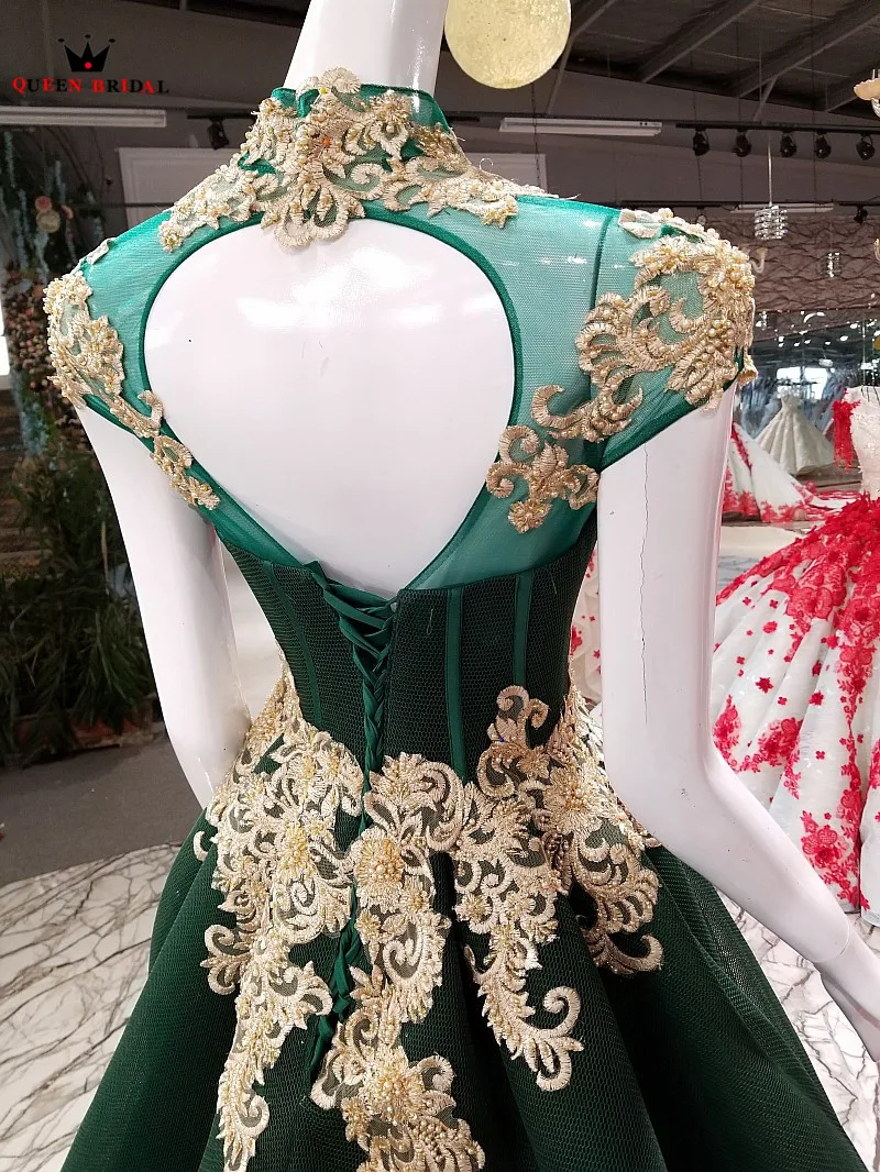 -Line Высокая шея Тюль Тюль, расшитый кристаллами и бисером Зеленый Формальное длинное вечернее платья 100% реальные вечернее платье 2018