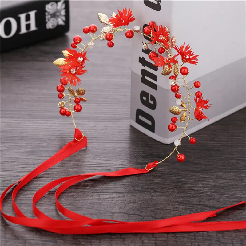 

Crystal Bride Hairbands Pearl Red White Flower Leaf Tiara Headdress Head Piece Wedding Jewelry Hair Jewelry Photography Tool