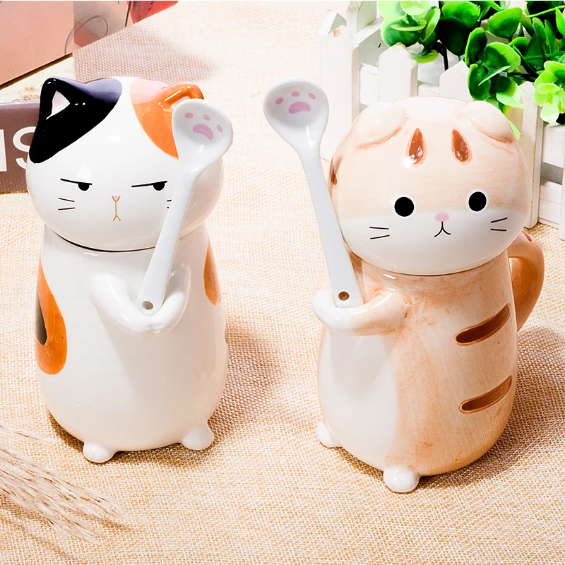 

Cute Cat Style Ceramic Mugs with Lid & Spoon Cartoon Creative Moring Mug Milk Coffee Tea Unique Porcelain Cups 275ml