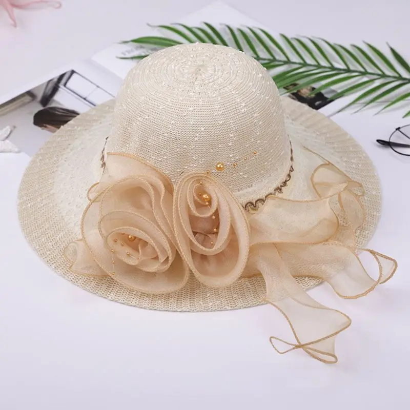 Женская летняя соломенная широкополая шляпа от солнца, плетеная лента, большой спиральный цветок, вышитый бисером, с широкими полями, Панама, кружевная жаккардовая вязаная шапка