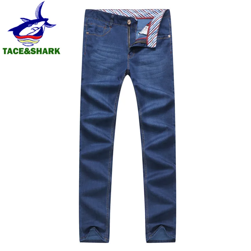 

TACE&SHARK Brand Men Blue Jeans Fashion Embroidery Trousers Male Business Casual Shark Full Length Pants Plus Size Jeans 2018