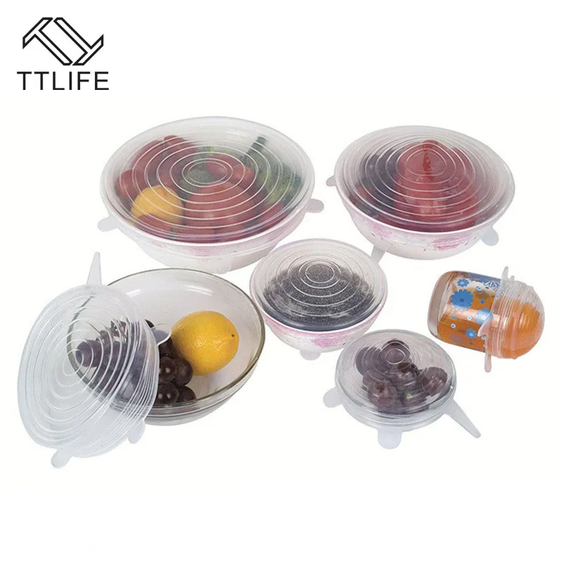 

TTLIFE 6pcs Silicone Saran Fruit Food Keep Fresh Wrap Lid Reusable Silicon Stretch Lids Bowl Pan Cover Kitchen Vacuum Lid Sealer