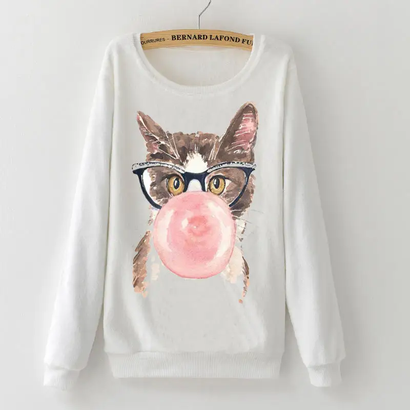  Winter Soft Flannel Hoodies Woman Sweatshirt Fashion Harajuku Cat Blowing Gum Long Sleeves 2017 War