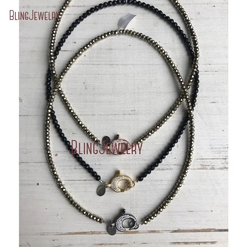 20181011-NM18371-rose gold gold and gunmetal pave crystal clasp choker with pyrite plated beaded hematite and black jade necklace