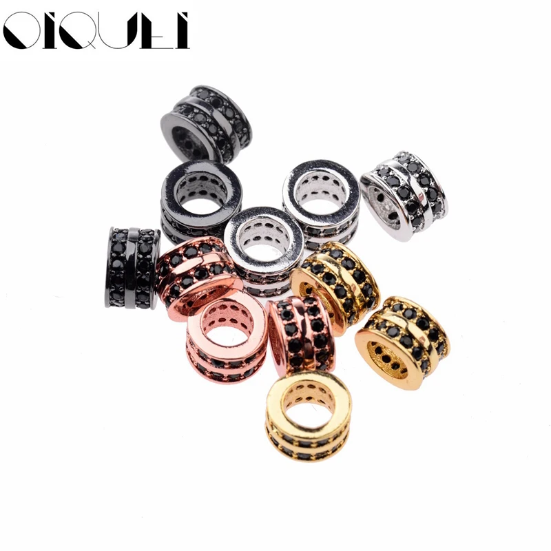

OIQUEI Black Zircon Paved Big Hole Bracelet Copper Connectors Charm Round Brass Cubic For DIY Women Men Jewelry Accessories