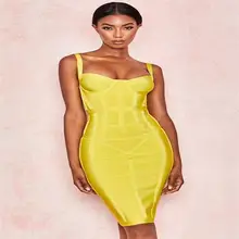 Женское Бандажное платье, новинка, летние вечерние платья знаменитостей, желтый топ на бретельках, стрейчевое Тонкое Платье До Колена, сексуальное модное платье El+ suit