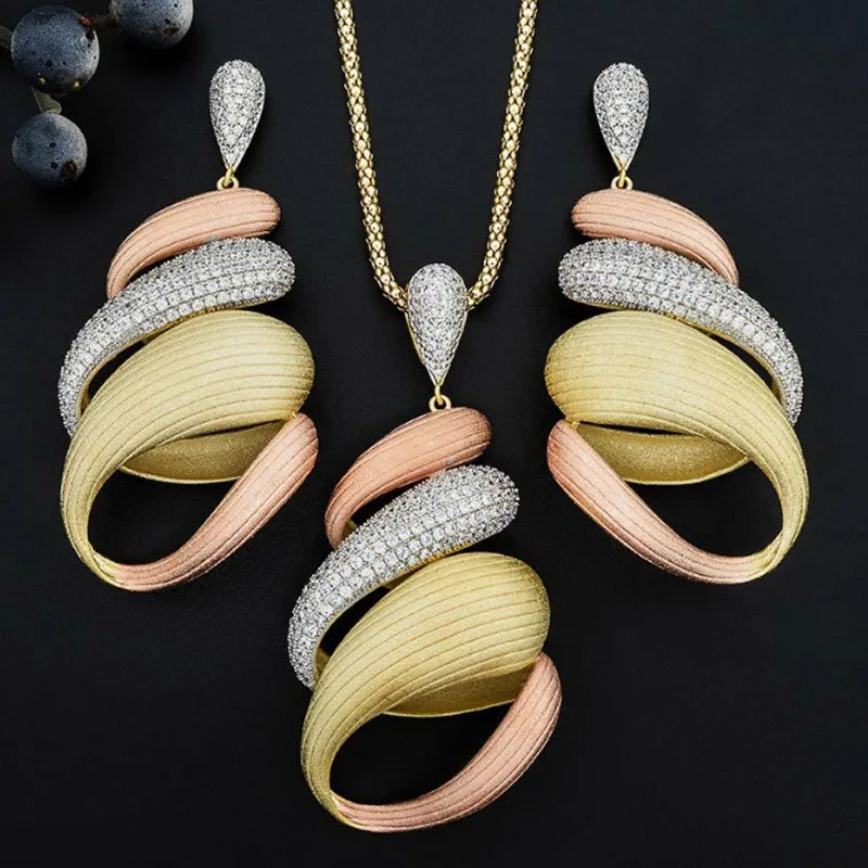 

Dazz Luxury Exaggeration Line Luxury Cubic Zirconia Copper Naija Bridal women Engagement Party Wedding Necklace Earrings Jewelry