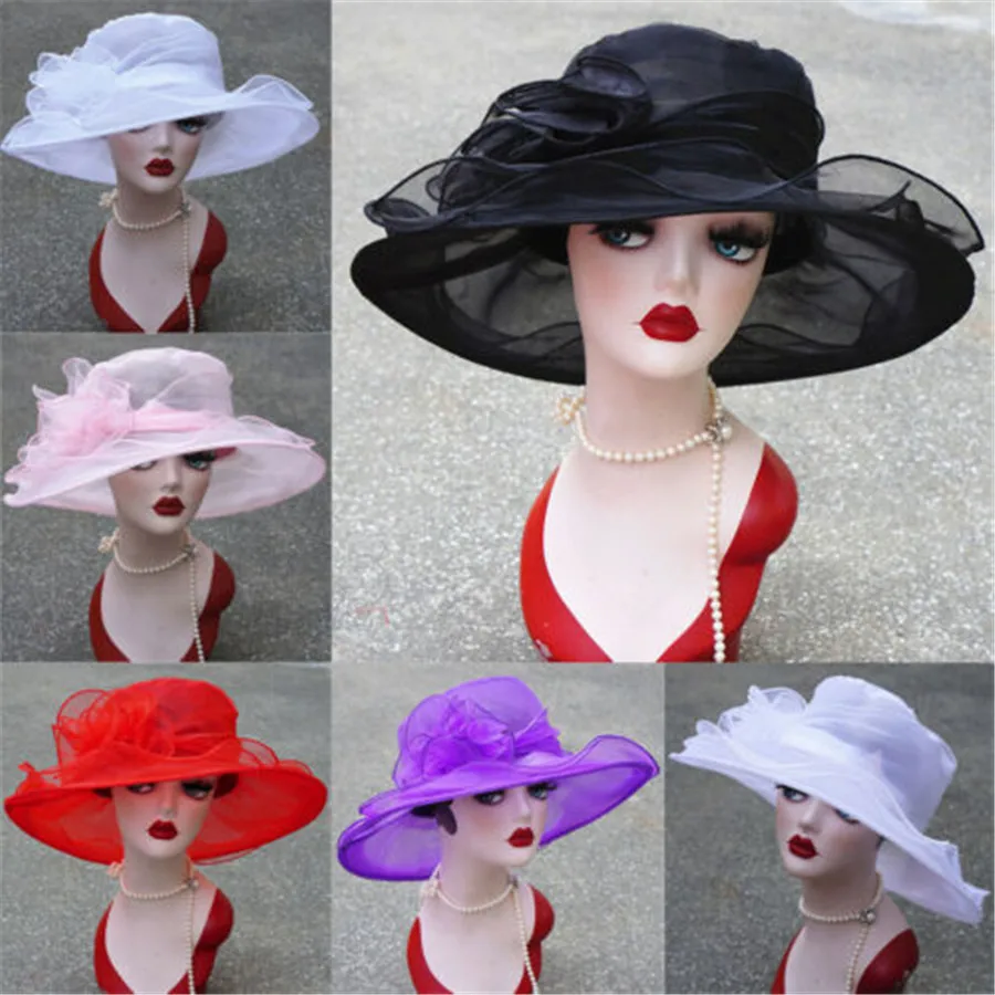 Women Sun Hat 1Pcs Mesh Ruffles Flower Kentucky Derby Wide Brim Wedding Church Occasional Organza Sun Hat