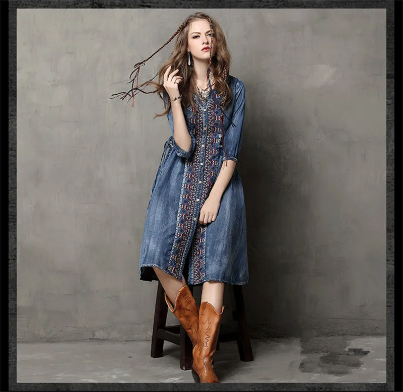 Women Denim Dress 2019 Vintage 100% Cotton Dress Half Sleeve V-Neck A-Line All Match Drawstring Loose Women Dresses Vestidos (12)