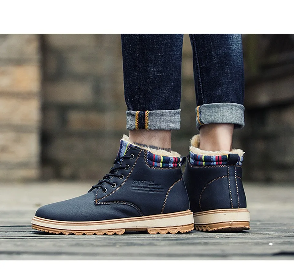 MUMUELI/ повседневные дизайнерские мужские зимние ботинки из плюша; цвет синий, коричневый, черный; теплые модные мужские ботинки с высоким берцем; 9903