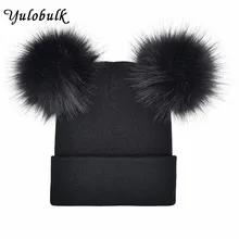 Новые осенние Для женщин Искусственный мех помпоном hat Женская зимняя обувь Теплые Кепки трикотажные шапочки девушка махрово pom Шапки женщина капот роковой