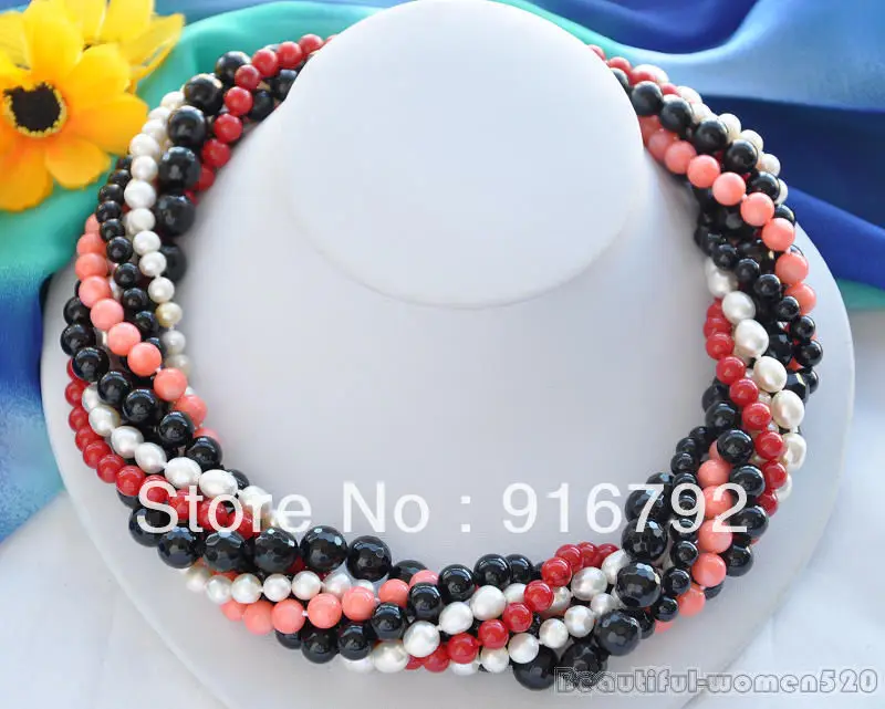 

7row 18" red/pink coral black agate white pearl bead NECKLACE