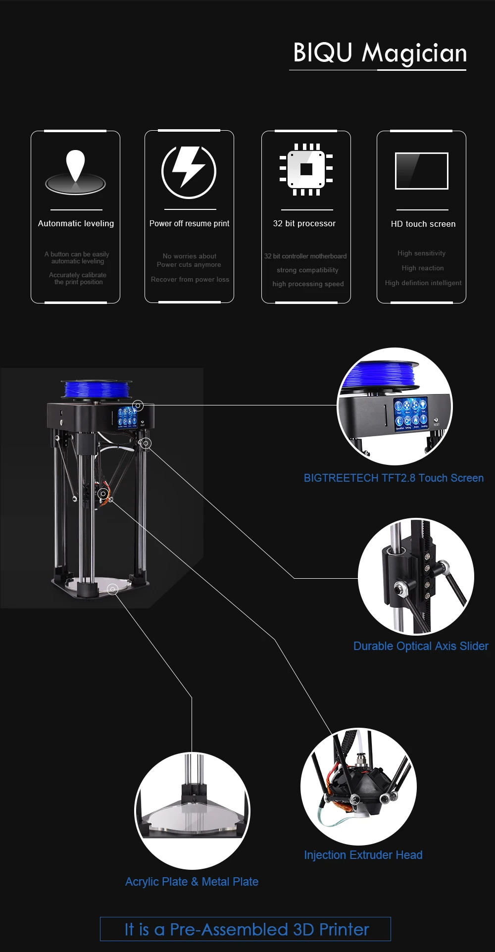 BIQU Magician 3d принтер Высокая точность мини Kossel Delta принтер MK8 экструдер полная сборка 2,8 дюймов сенсорный экран с титаном