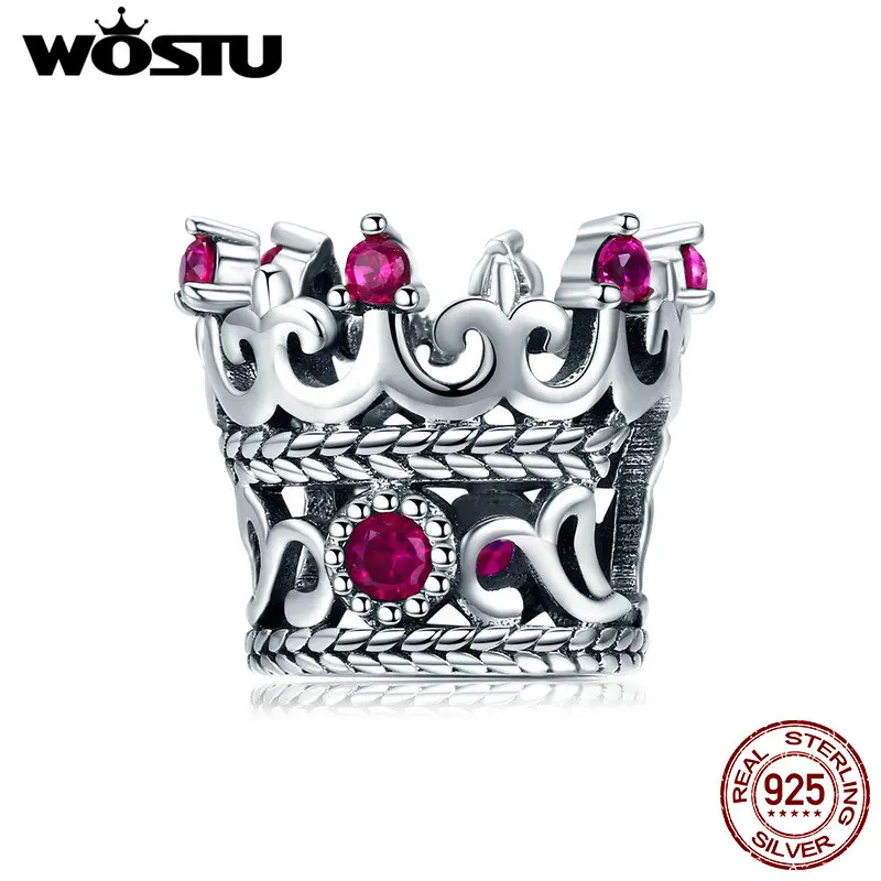 WOSTU, 925 пробы, серебро, Королевская корона, розовый CZ бисер, талисманы, подходят к оригинальному браслету и ожерелью, женская мода, ювелирное изделие, FIC776