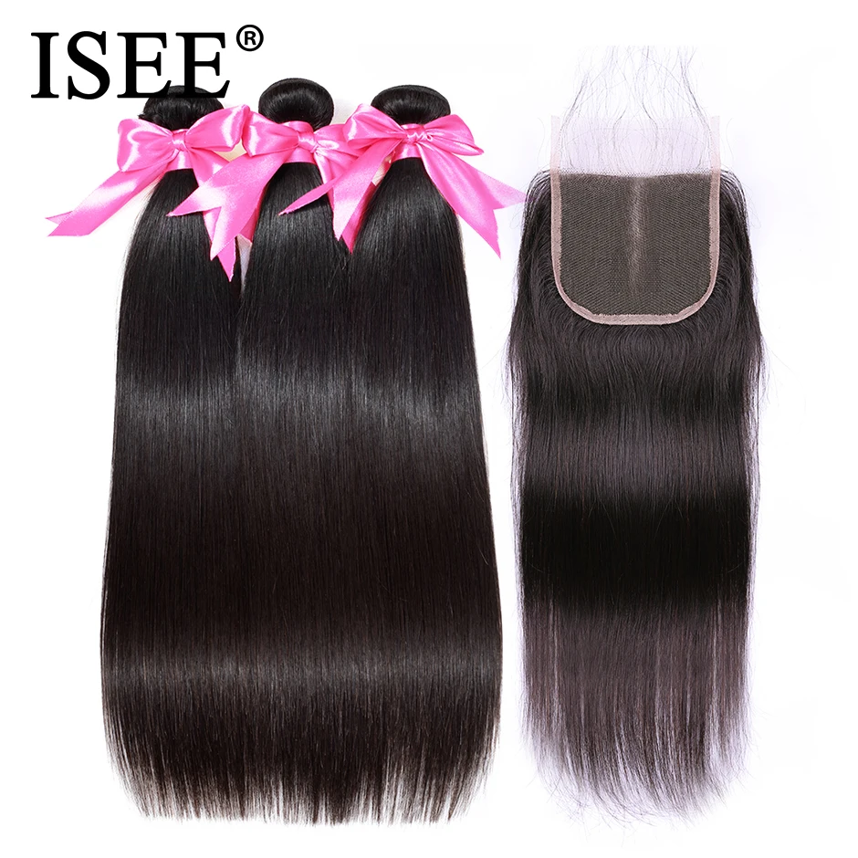 

ISEE 3 Bundles Straight Hair With Closure Remy Human Hair Bundles With Closure 4*4 Free Part Swiss Lace Indian Hair Extensions
