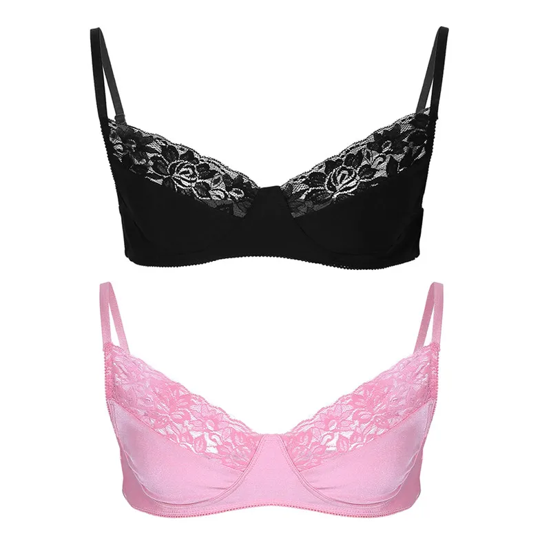 YiZYiF Sexy Men Bra Sissy Pink Gay Underwear Smooth Fabric Lace Wire-free Bra Top Adjustable Shoulder Straps Sissy Gay Male Bra