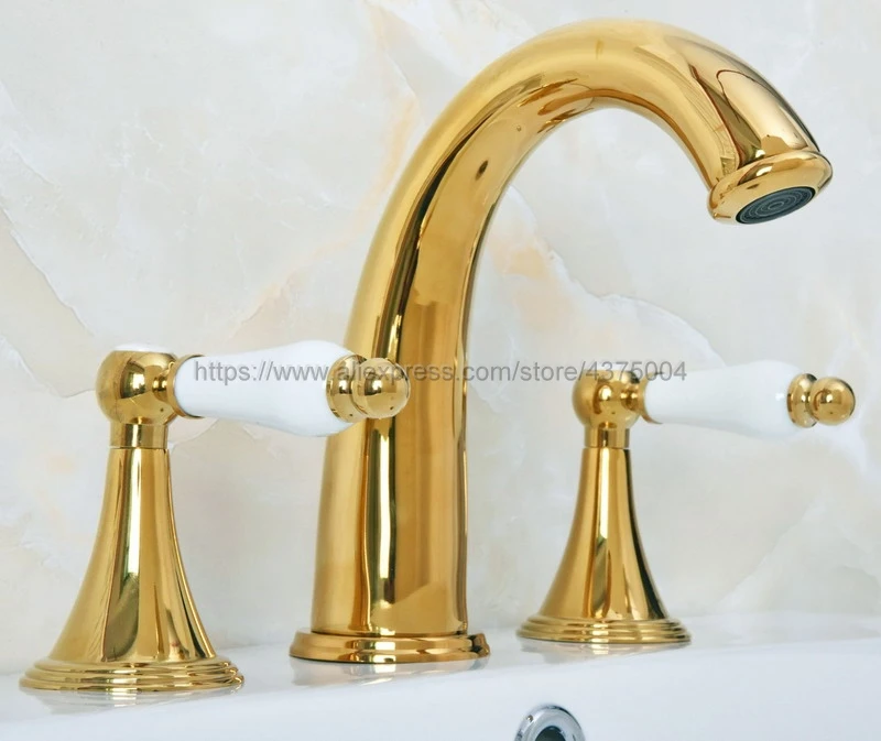 

Luxury Gold Color Brass Bathroom Sink Faucet Widespread 3pcs Ceramics Handles Basin 3 Holes Mixer Tap Ngf022