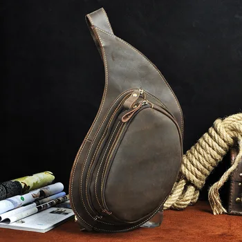 

Crazy Horse Cowhide Real Men Single Rucksack Back Pack Cross Body Bag Cool Pockets Vintage Genuine Leather Messenger Chest Bags