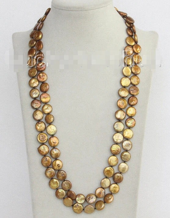 

FREE shipping>length 48" 12mm coin fastener coffee freshwater pearls necklace j10388 6.07