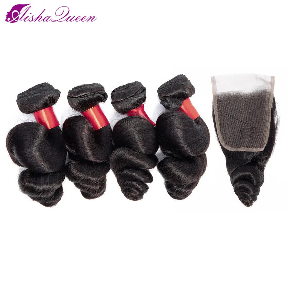 Aisha Queen Loose Wave Human Hair Bundles With Closure Double Weft Non Remy Brazilian Hair Weave Bundles With Closure