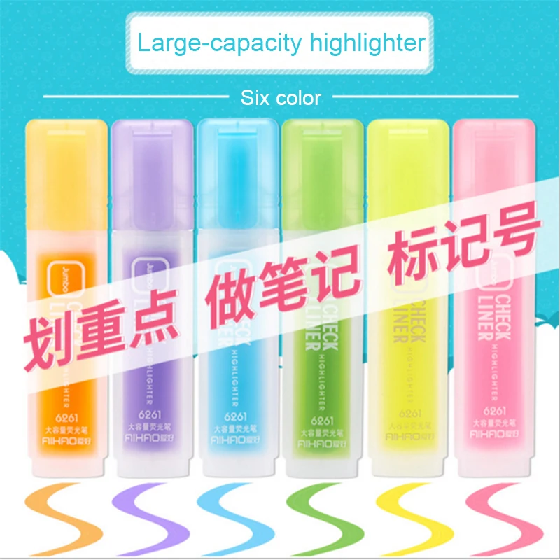 

6 Pcs/Set High Capacity Cutter Head Fluorescent Pen Marker Pen Highlighter Pen Colorful Office School Stationery