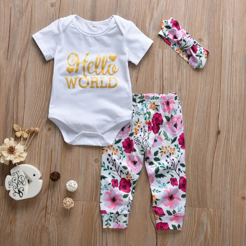 

Newborn Infant Baby Girl Summer Clothes Toddler Girls Clothing Outfit Set Hello World Letters T-shirt + Floral Pants + Headband
