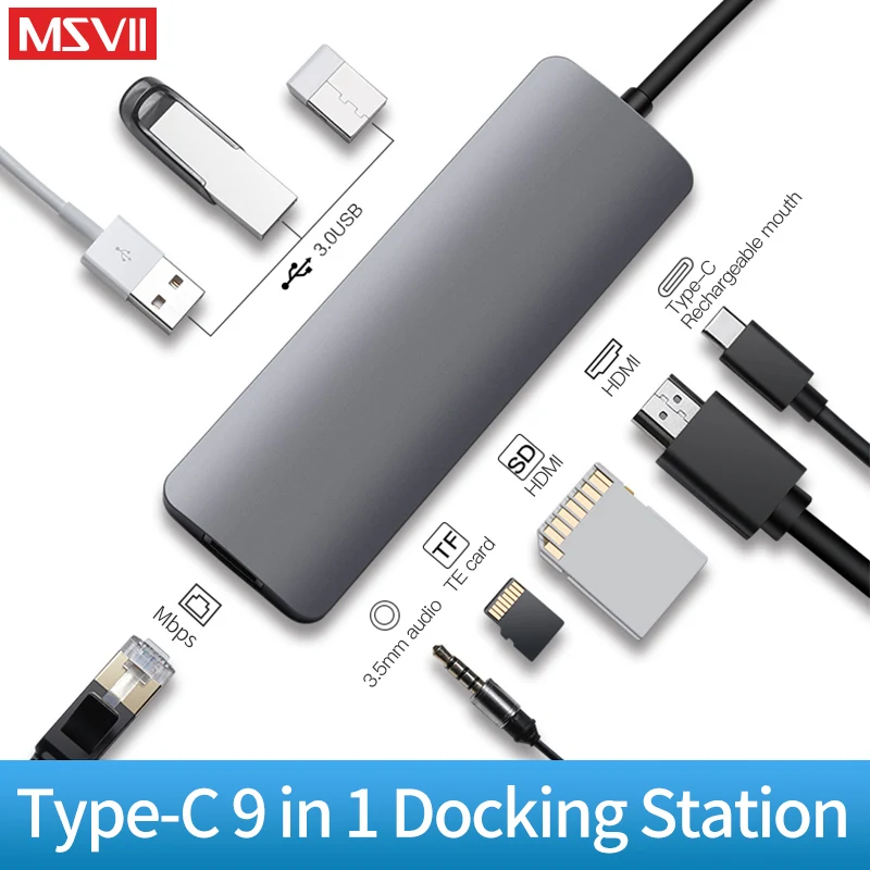

Mobile Phone Docking Station 9 in 1 USB C Hub HDMI 6 in 1 Type-C 3.0 Hub 3.5mm Audio Adapter for Macbook Pro TF SD Card Reader
