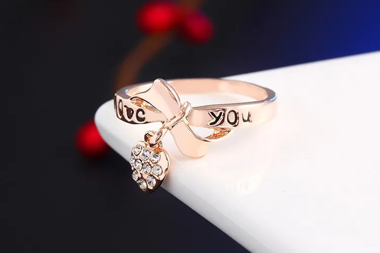 17KM Romantic Gift Retro Love Heart Bow Rings Rose Gold Color wedding Austrian Crystal Element Rings Word Ring For Women 3