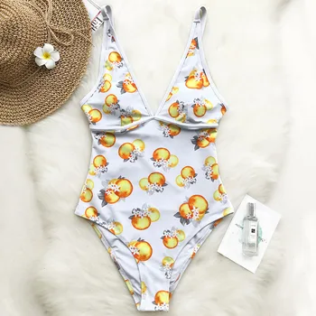 

CUPSHE Sweet Orange Print One-piece Swimsuit Deep V neck Back Lace Up Bikini Set Padded Bathing Suit Swimwear