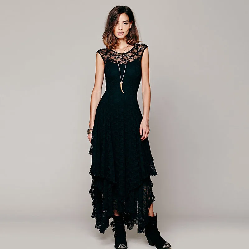 Ahmagen Sexy Irregular Lace Dress Women Hollow Out Elegant Party Dresses Backless Pleated Long Maxi Skater Dress Summer Beach Wear 201705