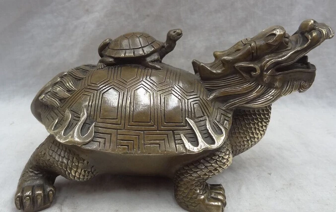 

JP S0608 9" Chinese Copper Bronze FengShui Longevity Turtle On Shou Dragon Turtle Statue