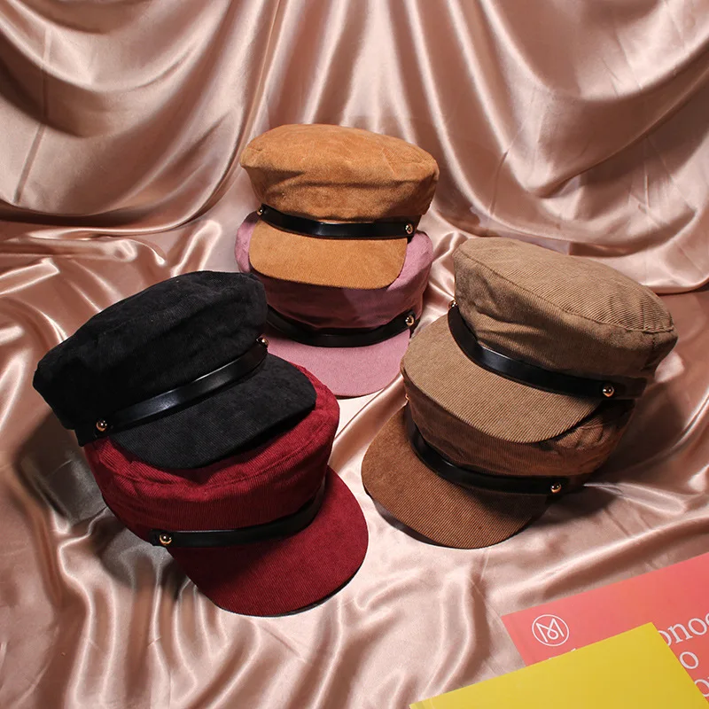 

2018 Winter Vintage Hats For Women Fashion PU Rope Corduroy Military Hat Gorras Planas Snapback Caps Female Casquette Cap