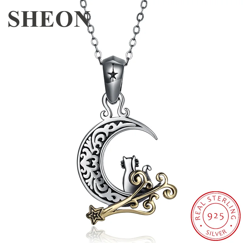 

SHEON 100% 925 sterling silver Vintage Moon Long Necklaces & Pendants Women Sterling Silver Jewelry For Couple Lover Gift
