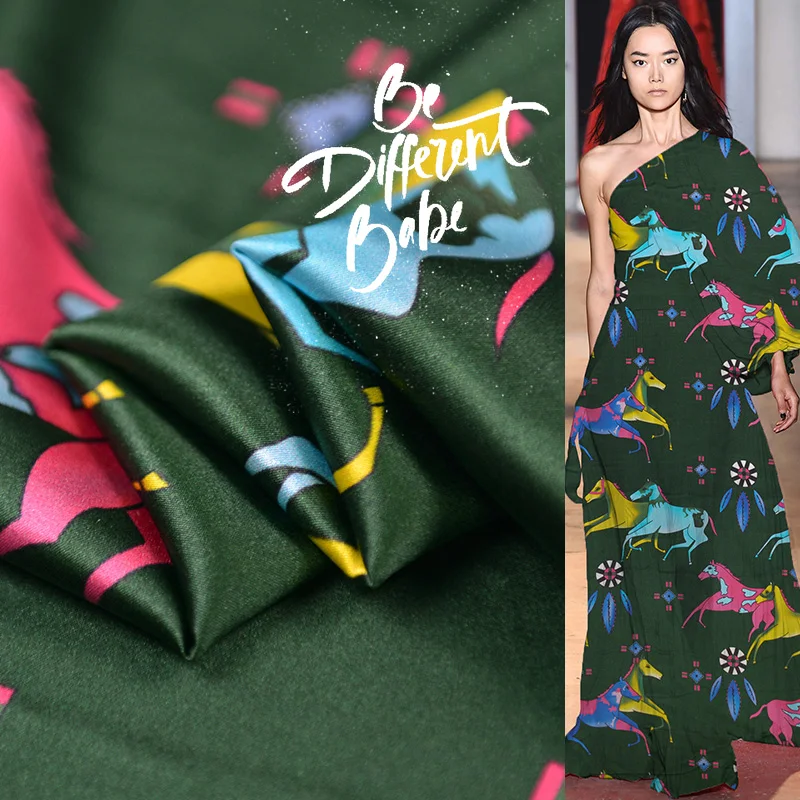 

19 Summer New 110cm Wide 16 Momme 100% Silk Charmeuse Fabric Horse Digital Printed Cloth for Women Dress Free Shipping DIY SALE