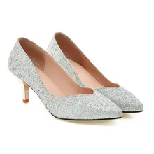 2016 New fashion women silver pumps big size 32-43 Spring/Autumn ladies shoes sexy Pointed Toe Slip-On Glitter high heels 3086