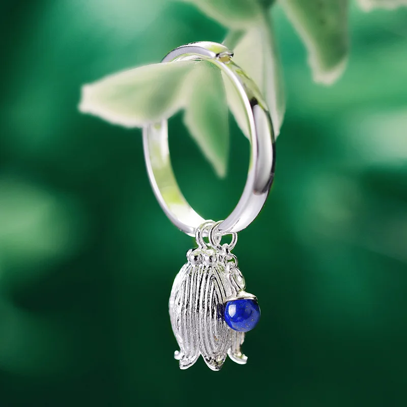 Lotus Fun Настоящее стерлингового серебра 925 природных ляпис драгоценных камней Креативный дизайнер ювелирных украшений Redbud цветок кольца для Для женские Bijoux - Цвет камня: Blue Lapis