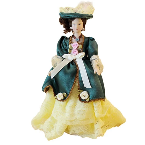 

Dollhouse Miniature Ceramics Dolls in Green Dress & Hat