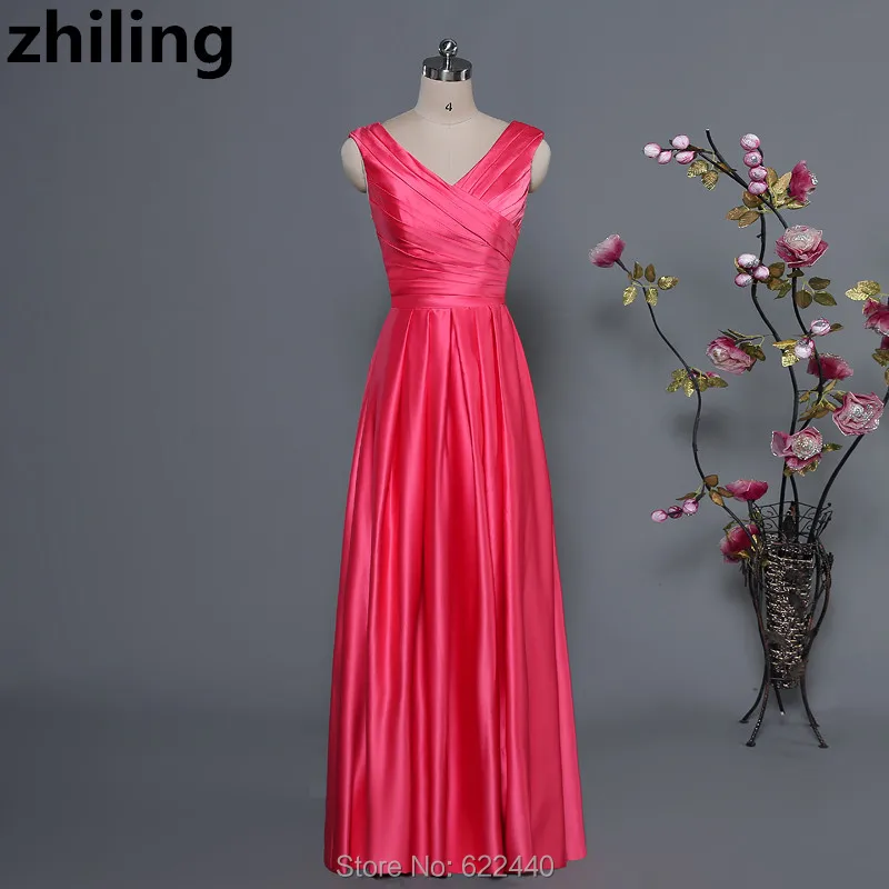 Простой v-образным вырезом Длинные платья Bridemaid атласная плиссированная фрейлина платье на заказ Свадебная вечеринка платье Для женщин