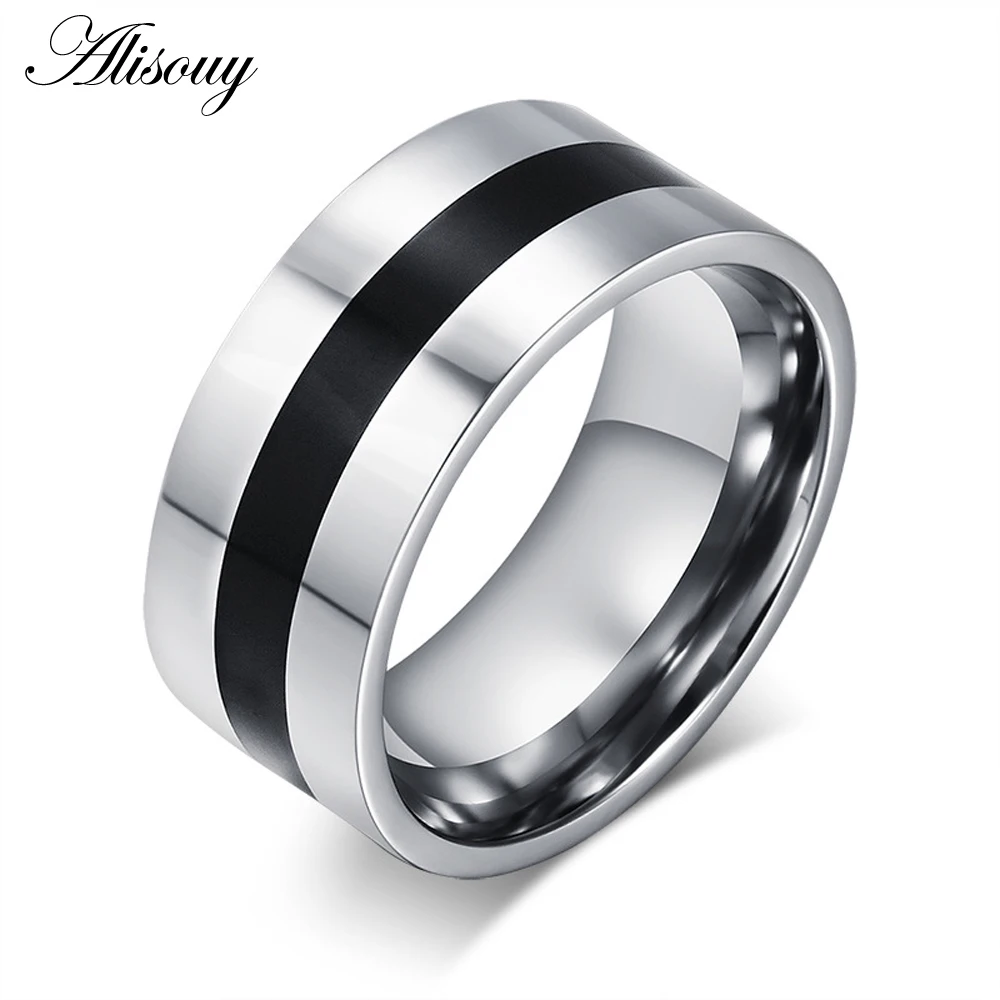 

Alisouy 1 piece simple 9mm width stainless steel male female wedding rings black enamel high polished rings ring for men women