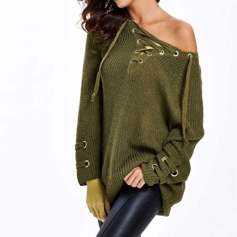 Autumn Winter 2018 New Arrival Leisure Europe America Style And V-neck Hollowed Lace-Up Long Loose Korean Sweater | Женская одежда