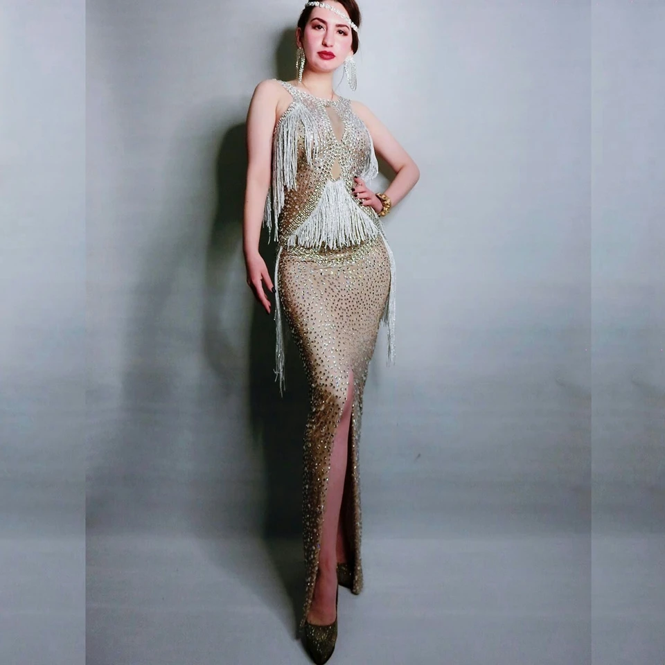 Sparkly Kristallen Fringe Jurk Zanger Prestaties Kostuum Party Celebrity Verjaardag Volledige Rhinestones Jurken Mouwloze Lange Jurk Sparkly Kristallen Fringe Jurk Zanger Prestaties Kostuum Party Celebrity Verjaardag Volledige Rhinestones Jurken Mouwloze Lange Jurk